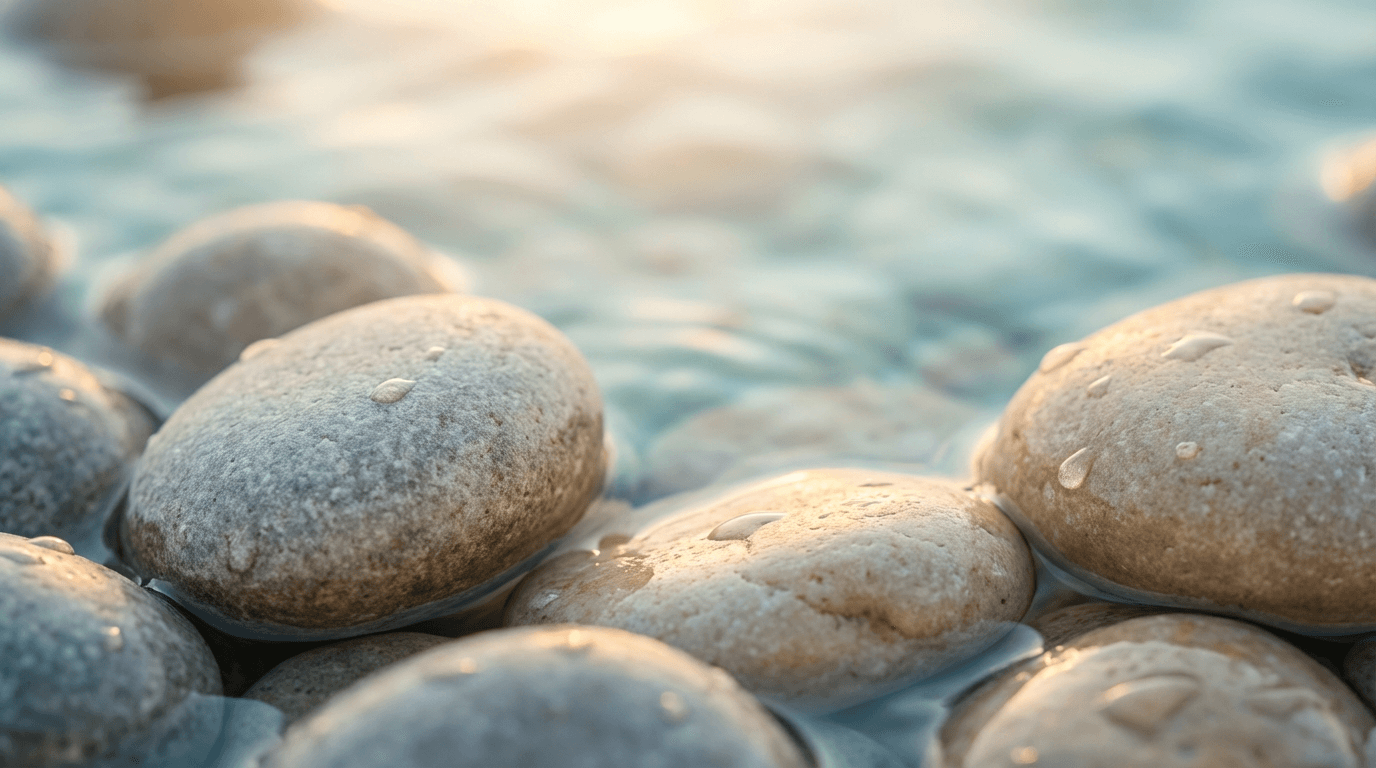 Smooth river stones with water droplets catching warm light, soft bokeh background, peaceful and calming aesthetic.